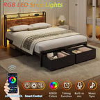 Cadre de lit Queen avec 2 tiroirs de rangement, tête de lit bibliothèque, station de charge, lumières LED, support métallique, sans sommier.
