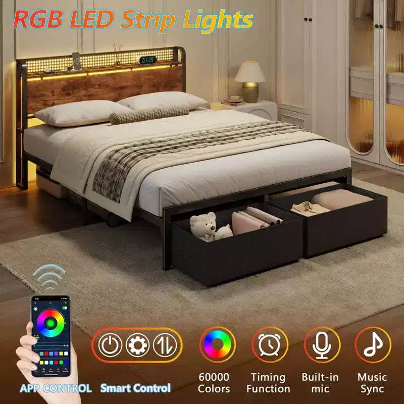Cadre de lit Queen avec 2 tiroirs de rangement, tête de lit bibliothèque, station de charge, lumières LED, support métallique, sans sommier.