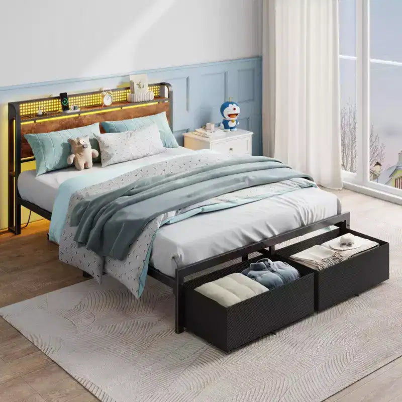 Cadre de lit Queen avec 2 tiroirs de rangement, tête de lit bibliothèque, station de charge, lumières LED, support métallique, sans sommier.