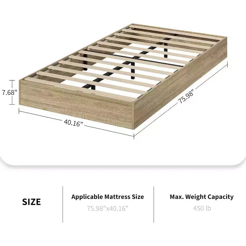 Cadre de lit plateforme en bois massif de taille double GustoWave, lattes en bois robustes, minimaliste moderne, au sol, gain de place, pas besoin de sommier tapissier