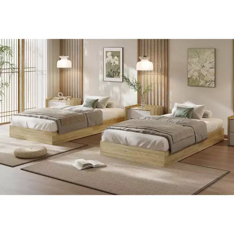 Cadre de lit plateforme en bois massif de taille double GustoWave, lattes en bois robustes, minimaliste moderne, au sol, gain de place, pas besoin de sommier tapissier