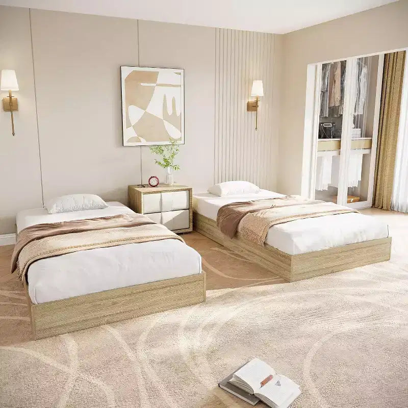Cadre de lit plateforme en bois massif de taille double GustoWave, lattes en bois robustes, minimaliste moderne, au sol, gain de place, pas besoin de sommier tapissier
