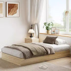 Cadre de lit plateforme en bois massif de taille double GustoWave, lattes en bois robustes, minimaliste moderne, au sol, gain de place, pas besoin de sommier tapissier