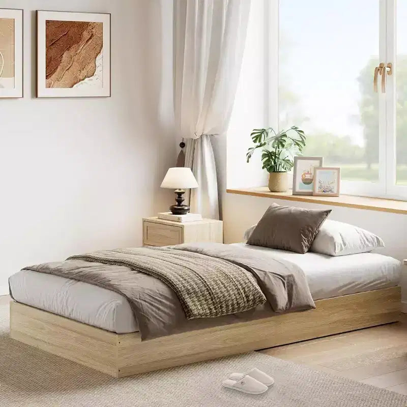 Cadre de lit plateforme en bois massif de taille double GustoWave, lattes en bois robustes, minimaliste moderne, au sol, gain de place, pas besoin de sommier tapissier
