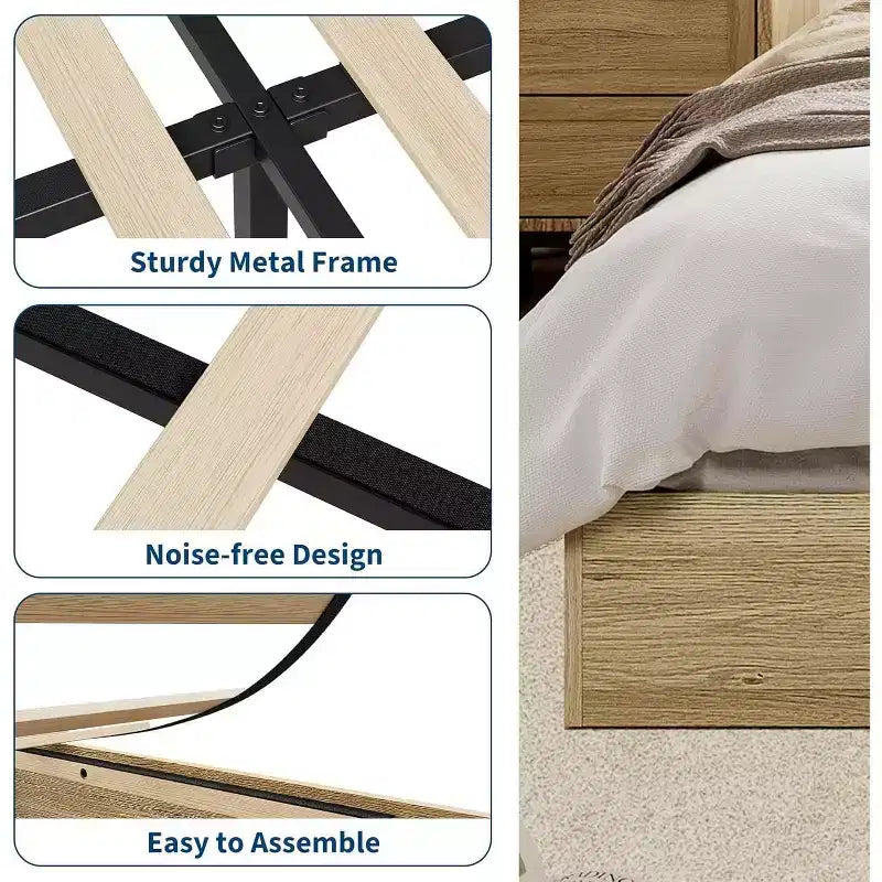 Cadre de lit plateforme en bois massif de taille double GustoWave, lattes en bois robustes, minimaliste moderne, au sol, gain de place, pas besoin de sommier tapissier