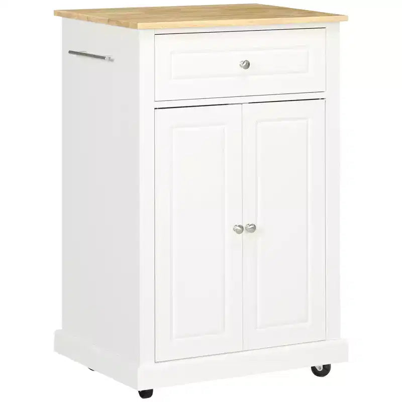 FAMYYT White Natural Wood Top 18 in. Kitchen Island with 1-Storage Cabinets, 1-Drawers, and 4-Lockable Wheels