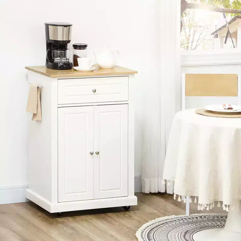 Îlot de cuisine FAMYYT en bois naturel blanc de 45,7 cm avec 1 armoire de rangement, 1 tiroir et 4 roulettes verrouillables