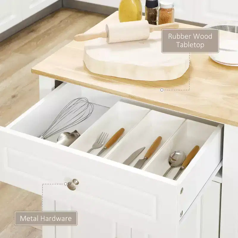 Îlot de cuisine FAMYYT en bois naturel blanc de 45,7 cm avec 1 armoire de rangement, 1 tiroir et 4 roulettes verrouillables