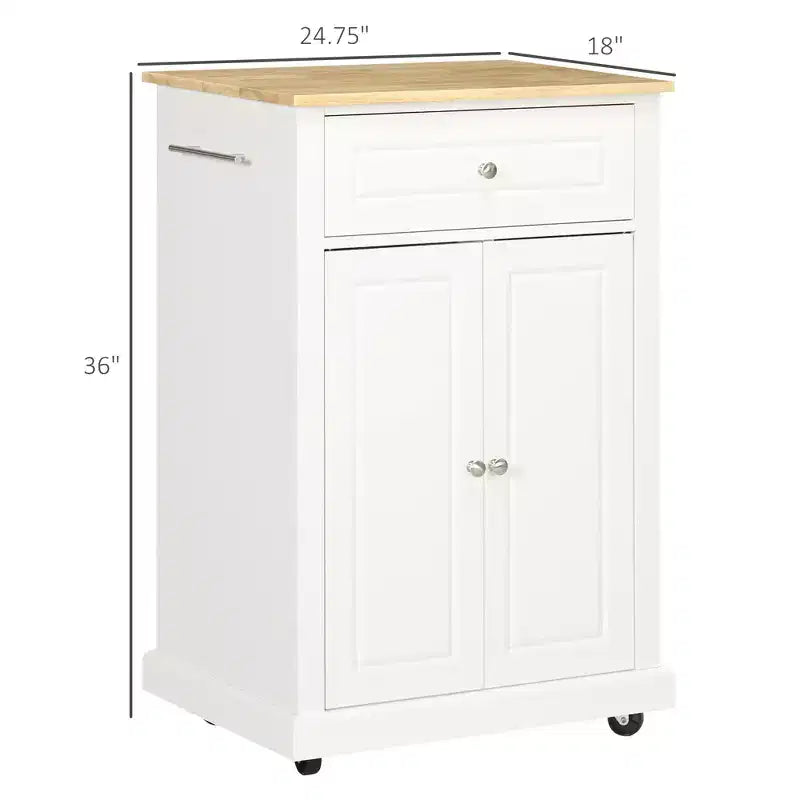 Îlot de cuisine FAMYYT en bois naturel blanc de 45,7 cm avec 1 armoire de rangement, 1 tiroir et 4 roulettes verrouillables
