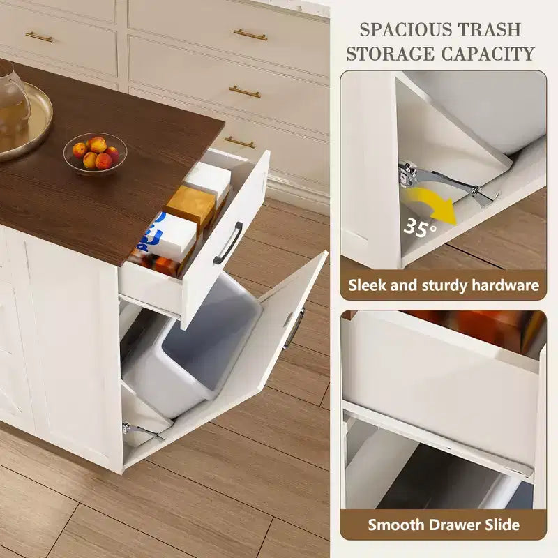 FAMYYT Îlot de cuisine 46 po en bois massif blanc avec prises électriques/ports USB, armoire poubelle, étagères de porte et tiroirs