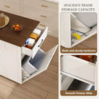 FAMYYT Îlot de cuisine 46 po en bois massif blanc avec prises électriques/ports USB, armoire poubelle, étagères de porte et tiroirs