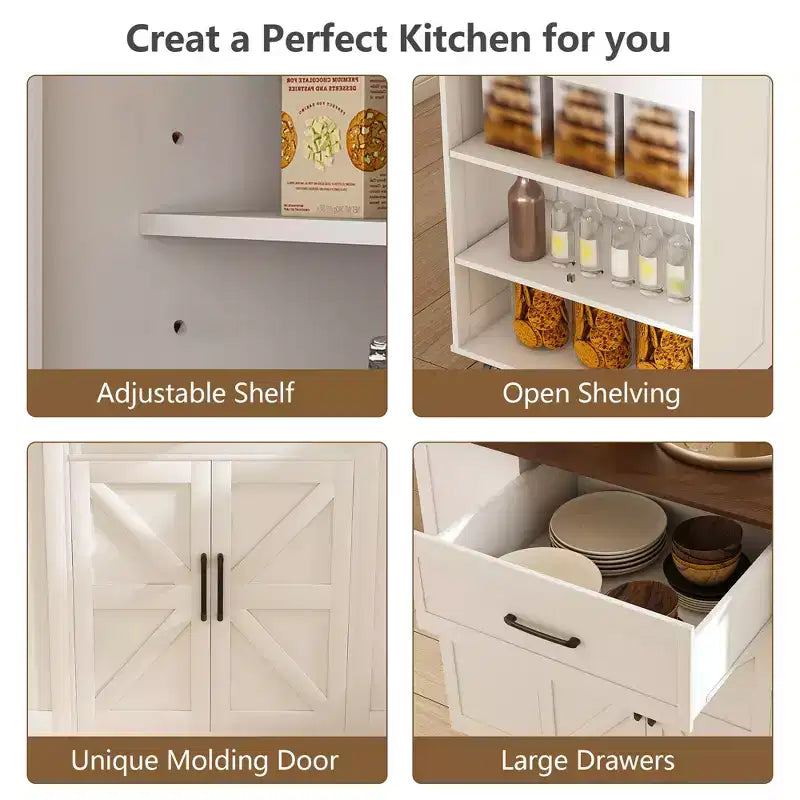 FAMYYT Îlot de cuisine 46 po en bois massif blanc avec prises électriques/ports USB, armoire poubelle, étagères de porte et tiroirs