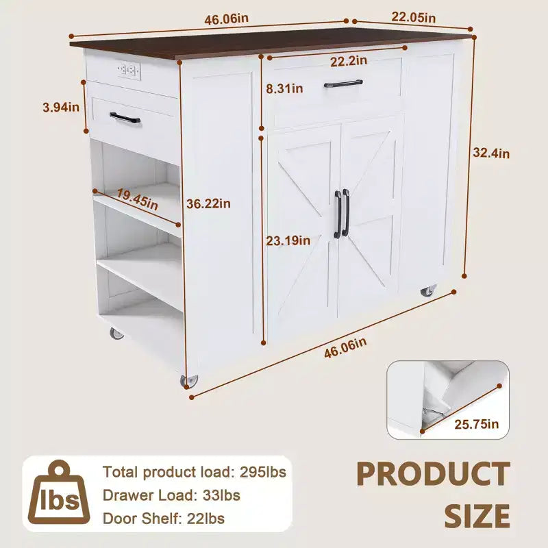 FAMYYT Îlot de cuisine 46 po en bois massif blanc avec prises électriques/ports USB, armoire poubelle, étagères de porte et tiroirs