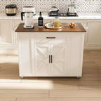 FAMYYT Îlot de cuisine 46 po en bois massif blanc avec prises électriques/ports USB, armoire poubelle, étagères de porte et tiroirs