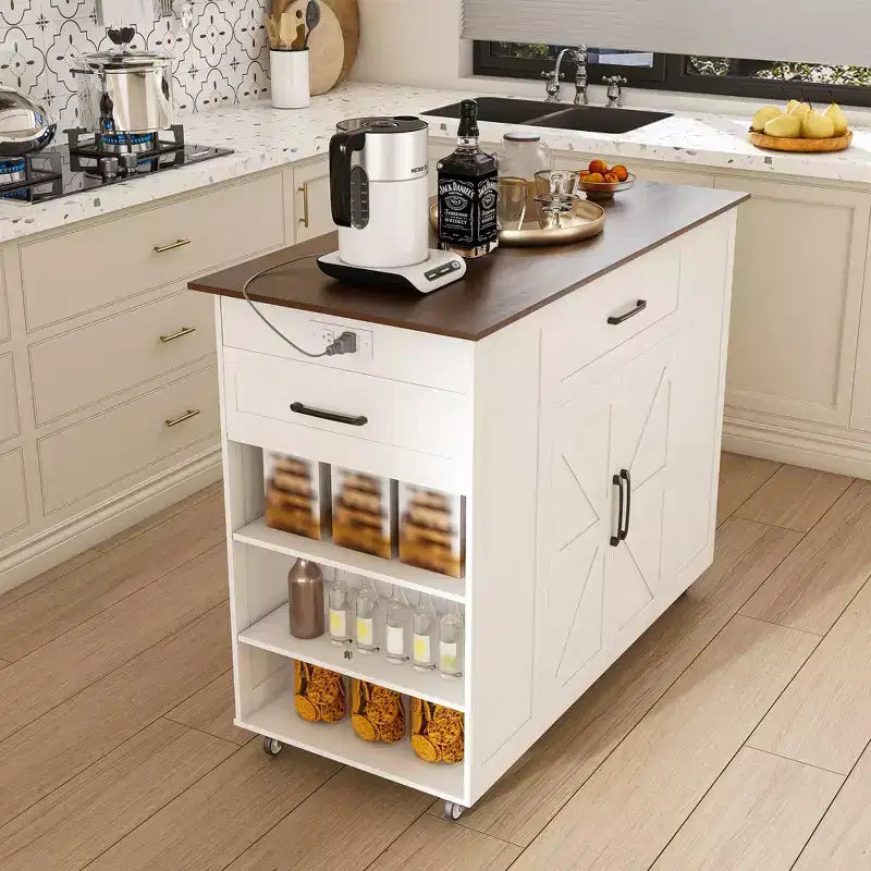 FAMYYT Îlot de cuisine 46 po en bois massif blanc avec prises électriques/ports USB, armoire poubelle, étagères de porte et tiroirs