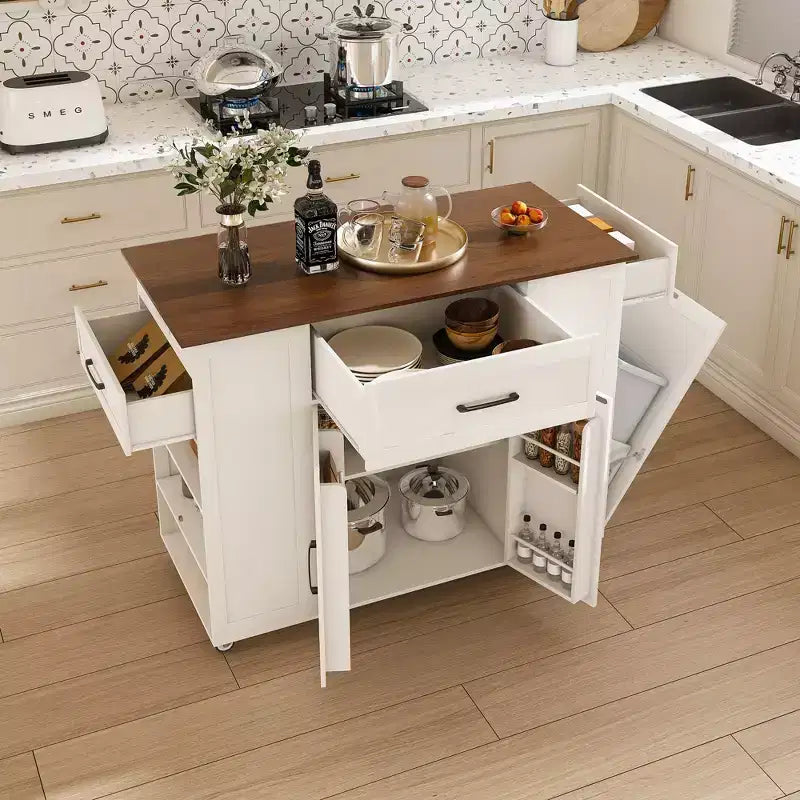 FAMYYT Îlot de cuisine 46 po en bois massif blanc avec prises électriques/ports USB, armoire poubelle, étagères de porte et tiroirs