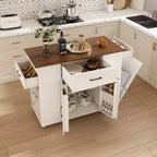 FAMYYT Îlot de cuisine 46 po en bois massif blanc avec prises électriques/ports USB, armoire poubelle, étagères de porte et tiroirs