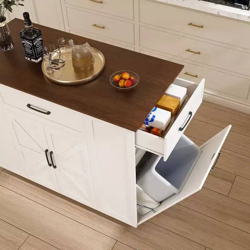 FAMYYT Îlot de cuisine 46 po en bois massif blanc avec prises électriques/ports USB, armoire poubelle, étagères de porte et tiroirs