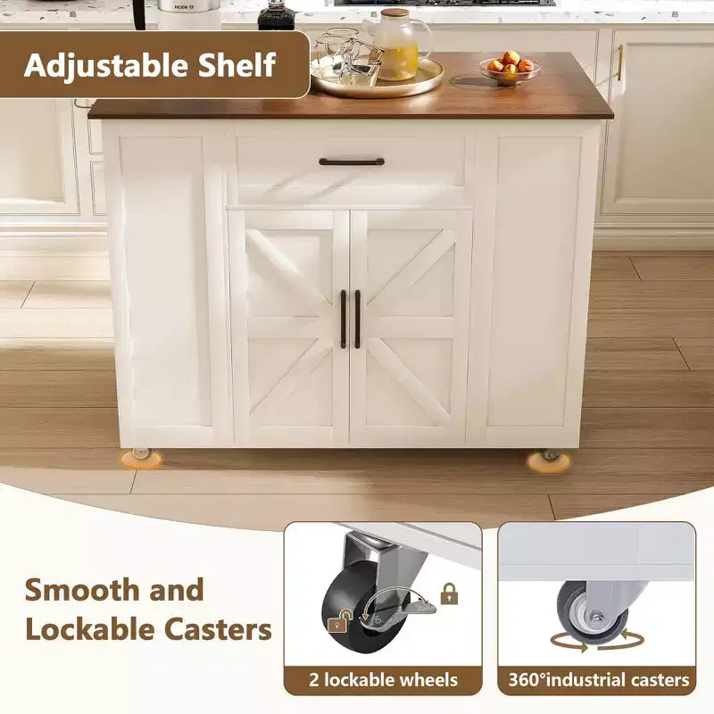 FAMYYT Îlot de cuisine 46 po en bois massif blanc avec prises électriques/ports USB, armoire poubelle, étagères de porte et tiroirs