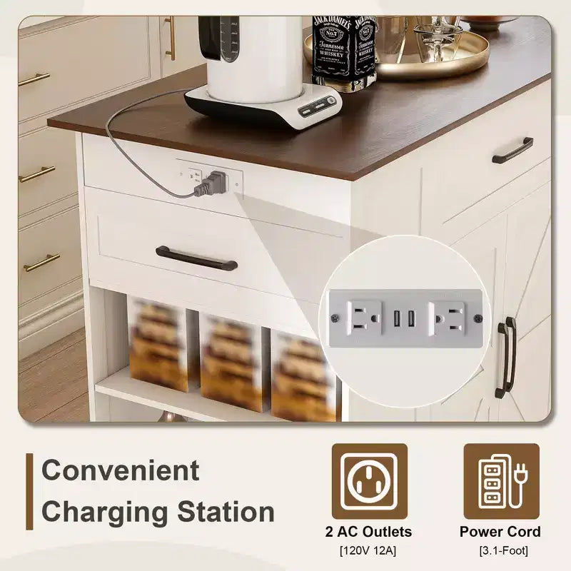 FAMYYT Îlot de cuisine 46 po en bois massif blanc avec prises électriques/ports USB, armoire poubelle, étagères de porte et tiroirs