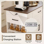 FAMYYT Îlot de cuisine 46 po en bois massif blanc avec prises électriques/ports USB, armoire poubelle, étagères de porte et tiroirs