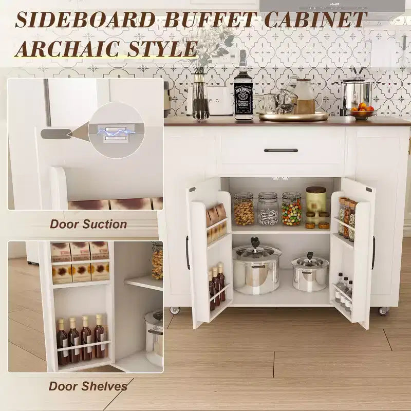 FAMYYT Îlot de cuisine 46 po en bois massif blanc avec prises électriques/ports USB, armoire poubelle, étagères de porte et tiroirs
