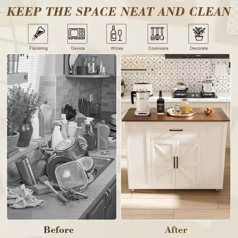 FAMYYT Îlot de cuisine 46 po en bois massif blanc avec prises électriques/ports USB, armoire poubelle, étagères de porte et tiroirs