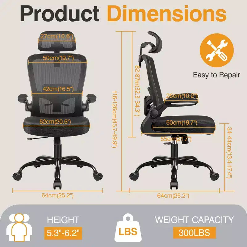 Chaise de bureau KERDOM avec appui-tête et support lombaire réglable, chaise de travail pivotante pour bureau à domicile avec dossier haut et accoudoirs, noir