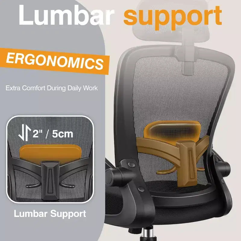 Chaise de bureau KERDOM avec appui-tête et support lombaire réglable, chaise de travail pivotante pour bureau à domicile avec dossier haut et accoudoirs, noir