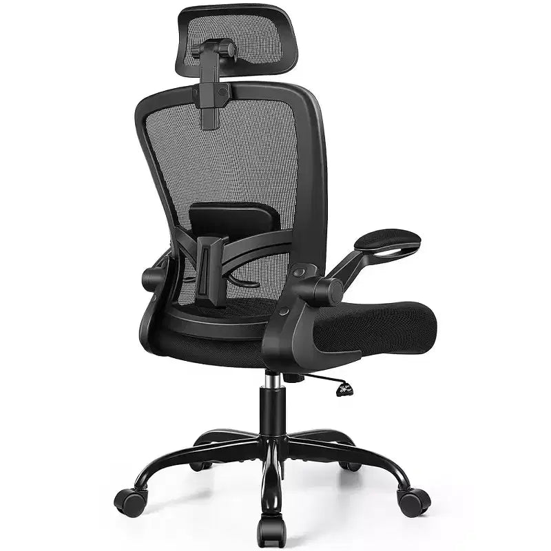 Chaise de bureau KERDOM avec appui-tête et support lombaire réglable, chaise de travail pivotante pour bureau à domicile avec dossier haut et accoudoirs, noir