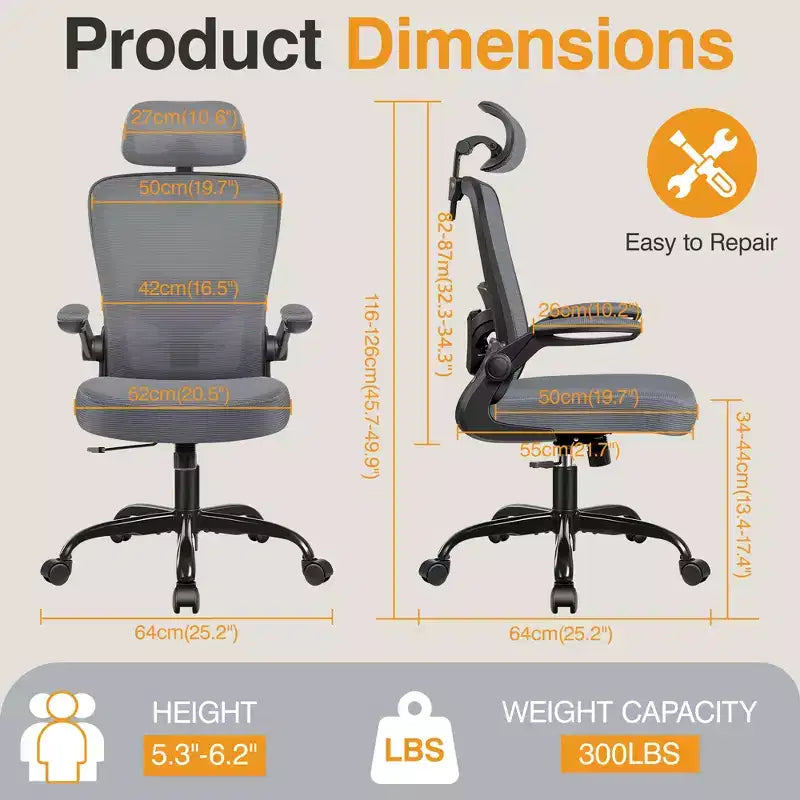 Chaise de bureau KERDOM avec appui-tête et support lombaire réglable, chaise de travail pivotante pour bureau à domicile avec dossier haut et accoudoirs, noir