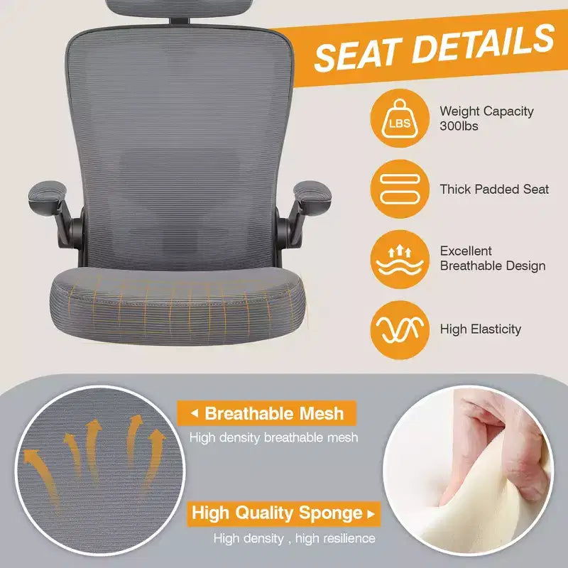 Chaise de bureau KERDOM avec appui-tête et support lombaire réglable, chaise de travail pivotante pour bureau à domicile avec dossier haut et accoudoirs, noir
