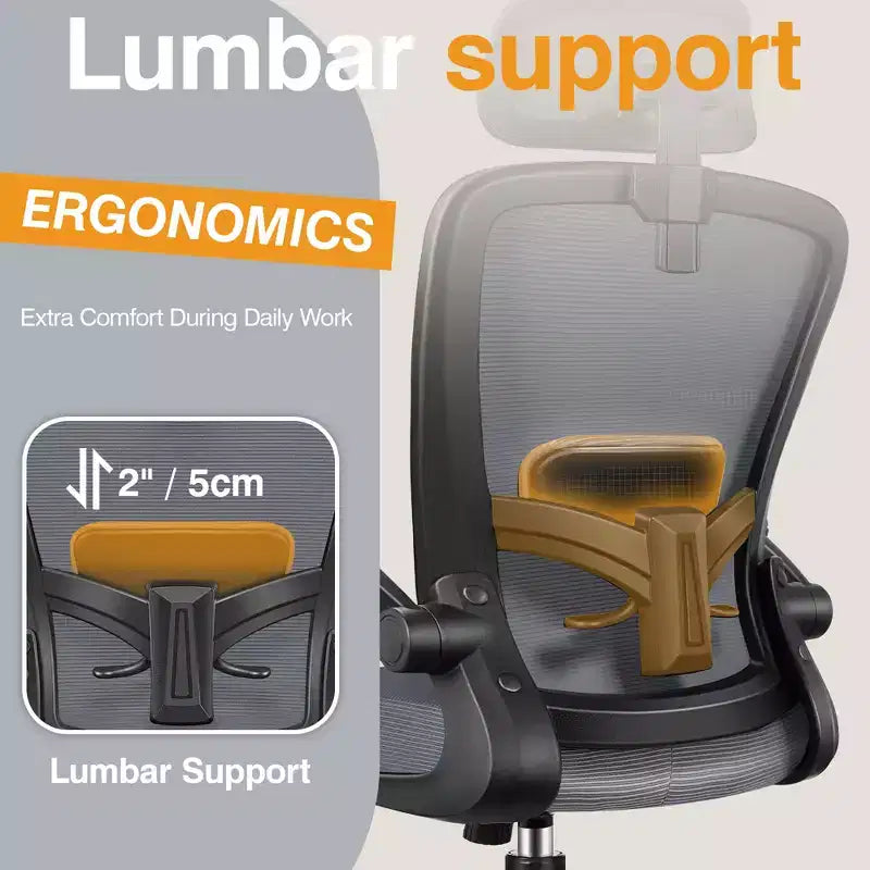Chaise de bureau KERDOM avec appui-tête et support lombaire réglable, chaise de travail pivotante pour bureau à domicile avec dossier haut et accoudoirs, noir