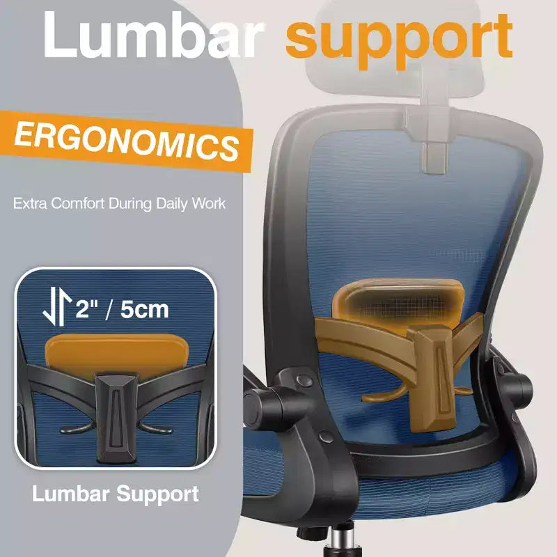 Chaise de bureau KERDOM avec appui-tête et support lombaire réglable, chaise de travail pivotante pour bureau à domicile avec dossier haut et accoudoirs, noir