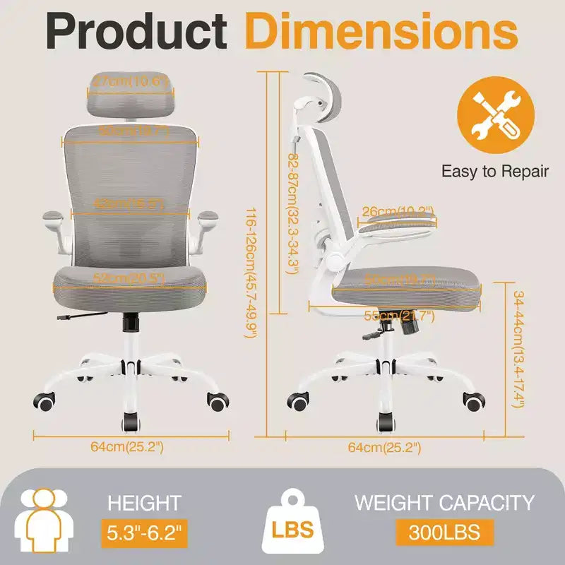 Chaise de bureau KERDOM avec appui-tête et support lombaire réglable, chaise de travail pivotante pour bureau à domicile avec dossier haut et accoudoirs, noir