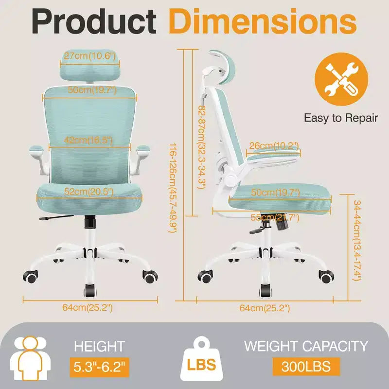 Chaise de bureau KERDOM avec appui-tête et support lombaire réglable, chaise de travail pivotante pour bureau à domicile avec dossier haut et accoudoirs, noir