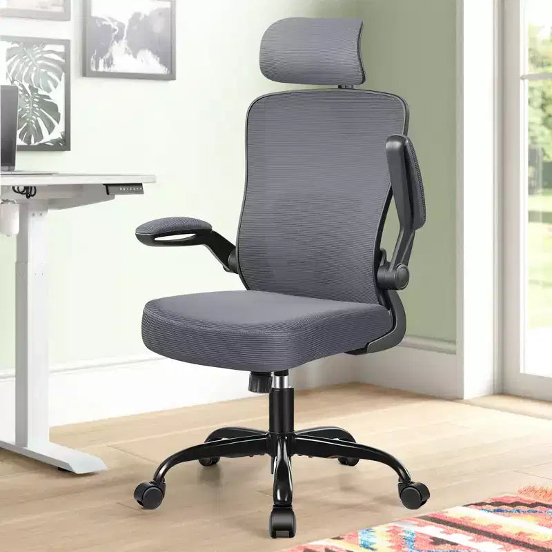 Chaise de bureau KERDOM avec appui-tête et support lombaire réglable, chaise de travail pivotante pour bureau à domicile avec dossier haut et accoudoirs, noir