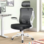 Chaise de bureau KERDOM avec appui-tête et support lombaire réglable, chaise de travail pivotante pour bureau à domicile avec dossier haut et accoudoirs, noir