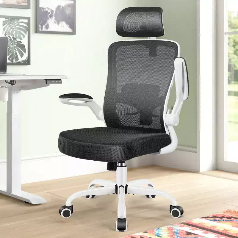 Chaise de bureau KERDOM avec appui-tête et support lombaire réglable, chaise de travail pivotante pour bureau à domicile avec dossier haut et accoudoirs, noir