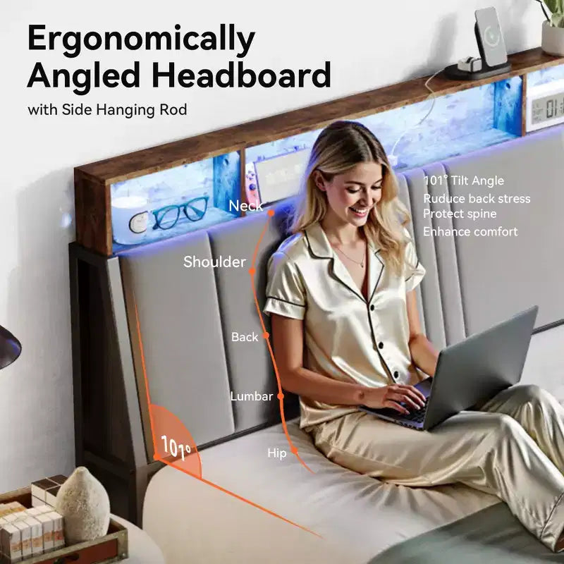 Cadre de lit Sailvan, lit plateforme en métal avec tête de lit, rangement sous le lit et tête de lit ergonomique pour le soutien, pas besoin de sommier tapissier