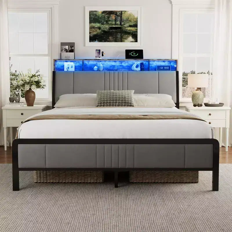 Cadre de lit Sailvan, lit plateforme en métal avec tête de lit, rangement sous le lit et tête de lit ergonomique pour le soutien, pas besoin de sommier tapissier