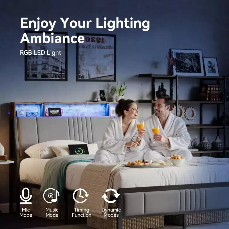 Cadre de lit Sailvan, lit plateforme en métal avec tête de lit, rangement sous le lit et tête de lit ergonomique pour le soutien, pas besoin de sommier tapissier