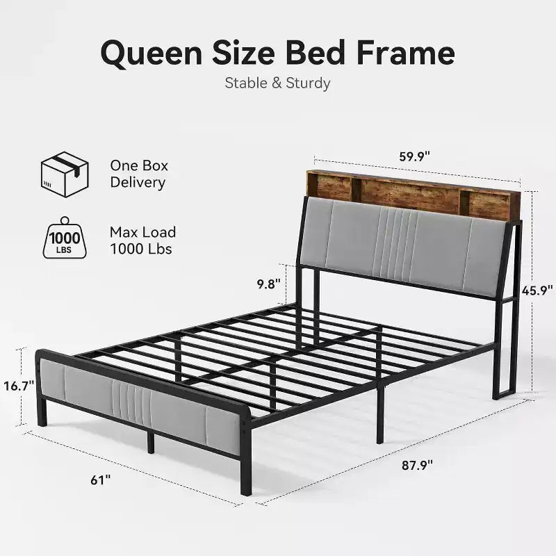 Cadre de lit Sailvan, lit plateforme en métal avec tête de lit, rangement sous le lit et tête de lit ergonomique pour le soutien, pas besoin de sommier tapissier