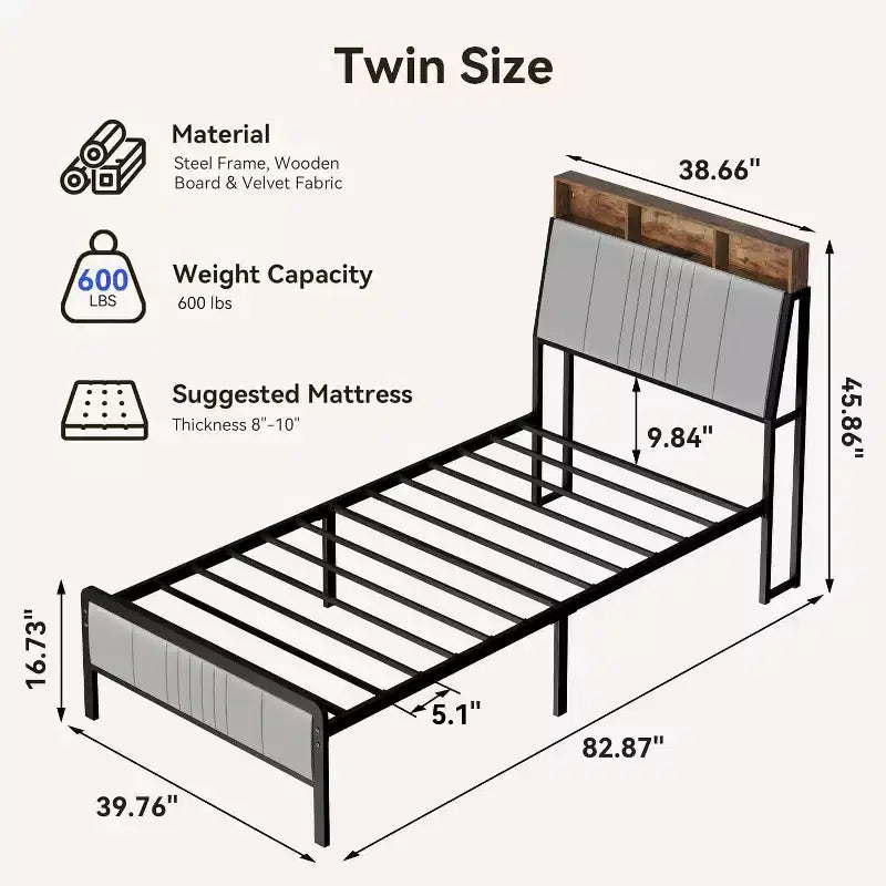 Cadre de lit Sailvan, lit plateforme en métal avec tête de lit, rangement sous le lit et tête de lit ergonomique pour le soutien, pas besoin de sommier tapissier