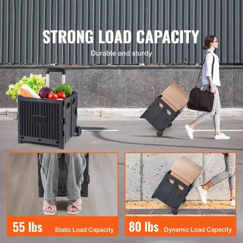 Chariot utilitaire pliable avec poignée télescopique, panier roulant portable d'une capacité de 36 kg pour les voyages, le shopping et le bureau, noir