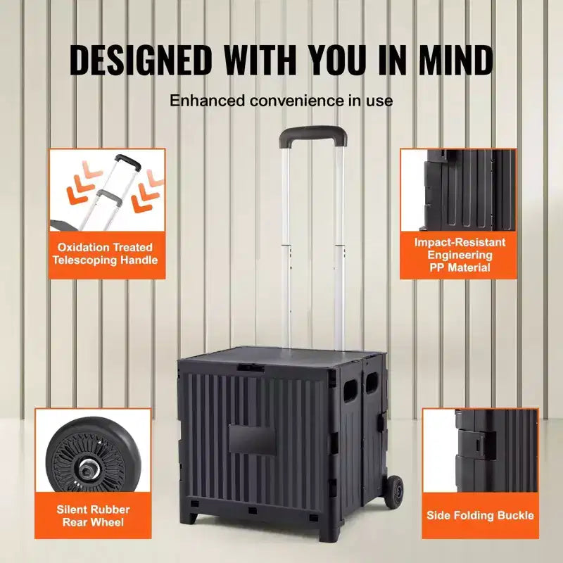 Chariot utilitaire pliable avec poignée télescopique, panier roulant portable d'une capacité de 36 kg pour les voyages, le shopping et le bureau, noir