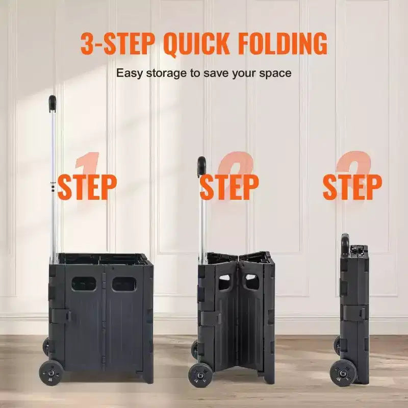 Chariot utilitaire pliable avec poignée télescopique, panier roulant portable d'une capacité de 36 kg pour les voyages, le shopping et le bureau, noir