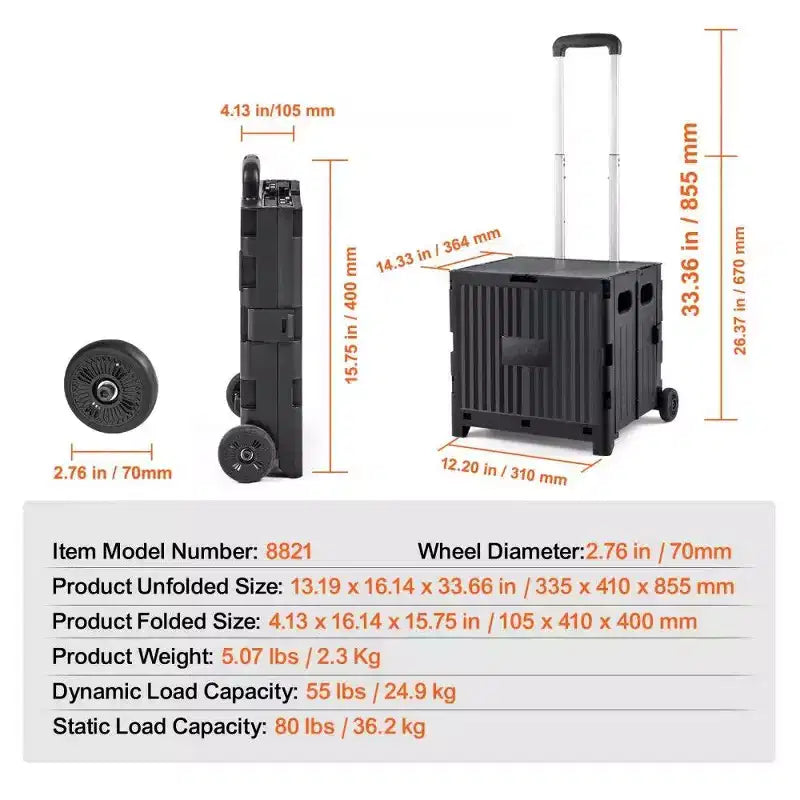 Chariot utilitaire pliable avec poignée télescopique, panier roulant portable d'une capacité de 36 kg pour les voyages, le shopping et le bureau, noir