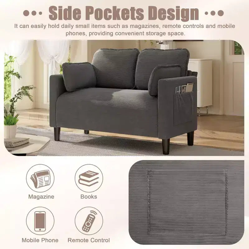 Canapé deux places moderne Okak en velours côtelé doux avec oreillers et poches latérales, futon avec cadre en bois massif pour salon, chambre d'étudiant