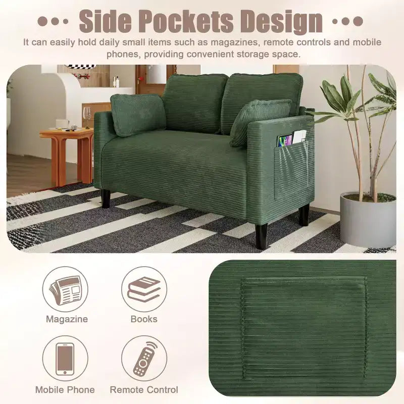 Canapé deux places moderne Okak en velours côtelé doux avec oreillers et poches latérales, futon avec cadre en bois massif pour salon, chambre d'étudiant